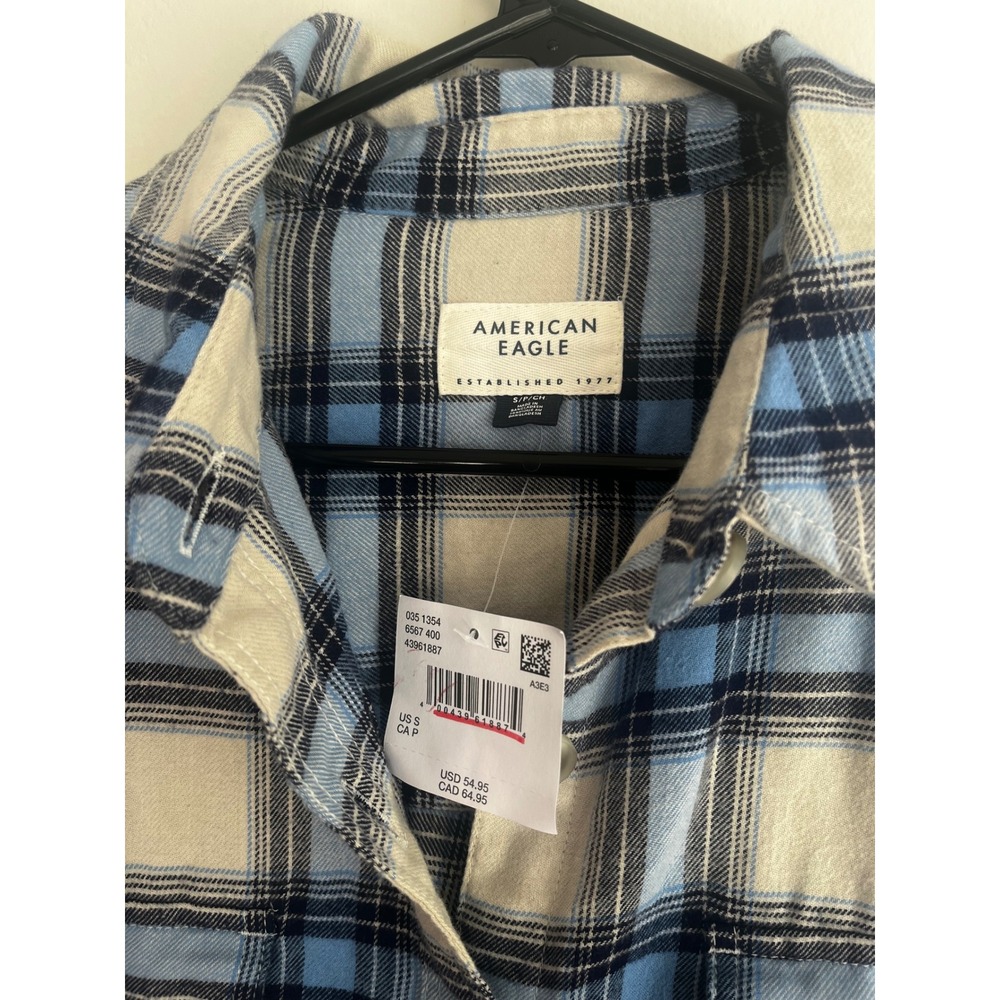 American Eagle Blue Plaid Flannel Button Down Shirt Womens Small NWT Fall Over